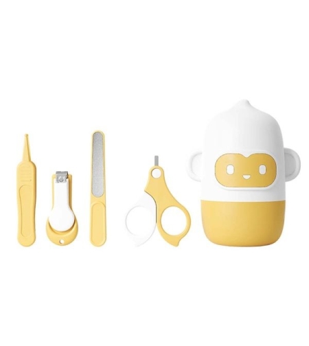 Set 4 Piese Ingrijire Unghii Bebelusi, Flippy, din ABS+Otel Inoxidabil, Cutie de Depozitare Tip Maimuta, de la 0 Luni, Galben