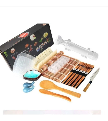 Set Ustensile pentru Sushi, Flippy, Set din 19 Accesorii pentru Sushi, Set pentru Sushi HOME MADE, Cutit Inclus, Forme, Betisoare, Multicolor