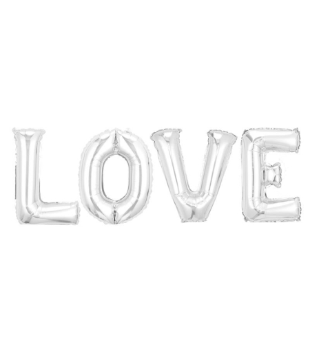 Set 4 Baloane din Folie Metalizata, Flippy, Figurine Litere, Model Scris Love, Tema Iubire, 80 cm, Ambalaj Individual, Pai Inclus, Umflare cu Aer sau Heliu, Argintiu