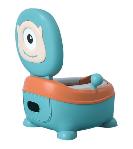 Olita pentru Copii, Flippy, +6 luni, Compartiment Detasabil, cu Capac, Antiderapanta, din Plastic, Colac Moale, Model Animat Ciclop, cu Maner, 33 x 21 x 45 cm, Albastru/Portocaliu