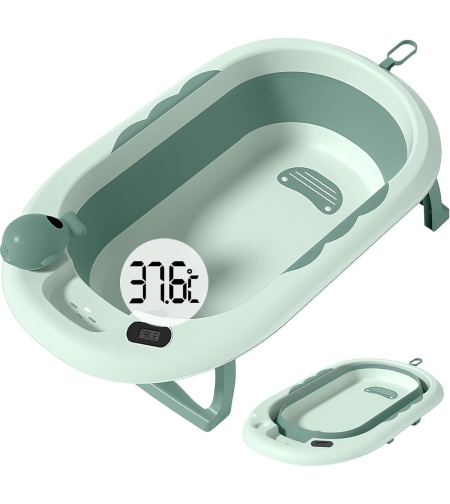 Cada de Baie, Flippy, pentru Copii 0 luni - 6 Ani, cu Termometru, Pliabila, Perna Suport Inclusa, din Plastic, 81.5 x 49 x 21.5 cm, Verde