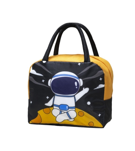 Geanta Termoizolanta pentru Copii, Flippy, 23x13x19 cm, Model Imprimeu Astronaut, din Folie de Aluminiu si Panza Oxford, Negru/Portocaliu