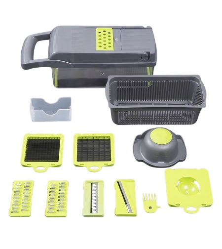 Feliator Multifunctional, Flippy, Razatoare, 8 in 1, pentru Fructe si Legume, 10 Piese, Lame de Inox, Recipient Stocare, Separator Oua, Protectie Mana, ABS, 32.2x11.3 cm, Verde/Gri