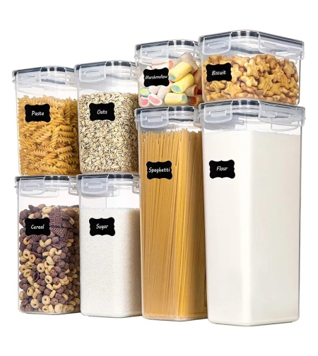 Cutii de depozitare alimente, Flippy, Set din 8 Cutii pentru Condimente, Cereale, Cutii pentru Bucatarie, din Plastic PP, Cutii Alimentare, Diferite Dimensiuni, Transparente