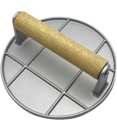 Presa Manuala pentru Carne, Flippy, din Aliaj de Aluminiu, Maner din Lemn, Presa pentru Burgeri, Usor de Curatat si Folosit, Rotunda, 16x16x6 cm, Gri