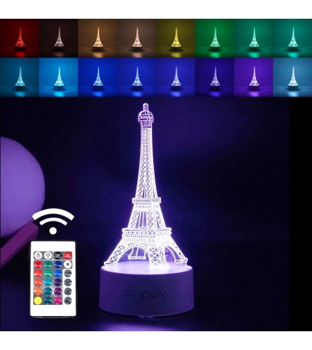Lampa LED decorativa, Flippy, 3D, Turnul Eiffel, din material acril si lumina multicolora, alb