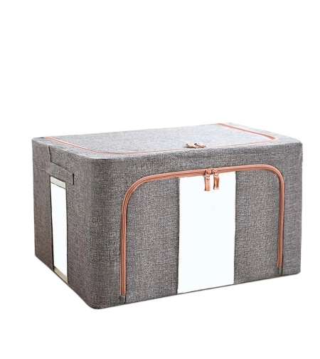 Cutie de depozitare pliabila, Flippy, Cu fermoar, 66 L, Textil, 50x40x33 cm, Gri, Cadru Metalic, Suport Baza Stabil din Plastic, Cu doua ferestre