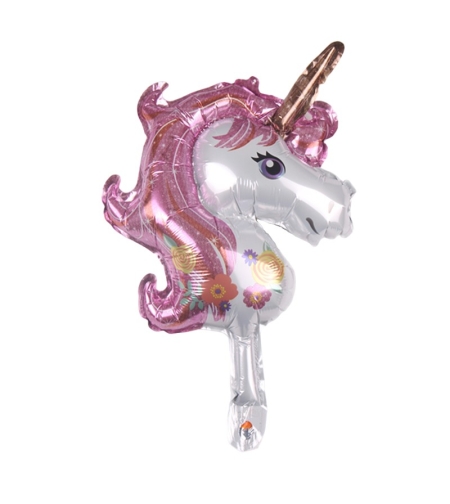 Balon din Folie Metalizata, Flippy, Figurina Unicorn, Tema Animalute, 30 cm, Ambalaj Individual, Pai Inclus, Umflare cu Aer sau Heliu, Roz