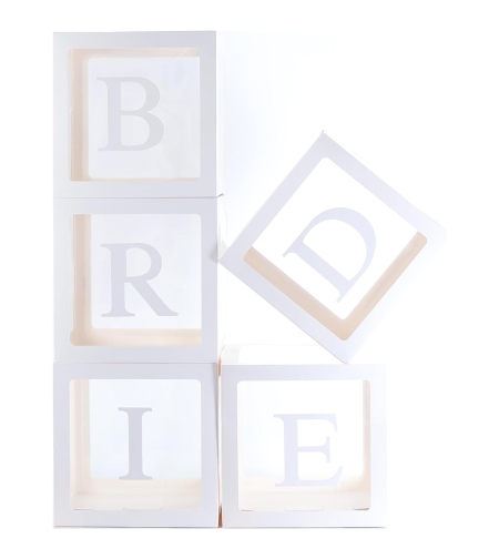 Set 5 Cutii pentru Baloane, Flippy, Model Scris Bride, Tematica Nunta, Cuburi Decorative din Plastic, Accesorii pentru Petrecere, 30 x30 cm, Transparente Contur Alb