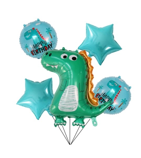 Set 5 Baloane folie de aluminiu, Flippy, Figurina Dinozaur, pentru aniversare HAPYY BIRTHDAY, Stelute Albastre si Baloane Albastre, 50 - 70 cm