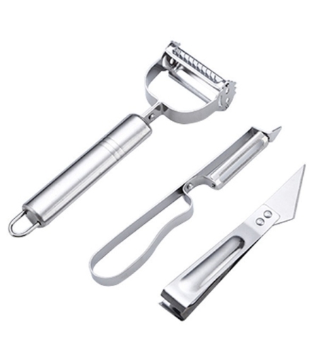 Accesorii de Curatat Decojit Fructe Legume, Flippy, Set 3 Piese, Feliator Cutit Decojitor, Legume si Fructe, din Otel Inoxidabil, cu Maner, Argintiu