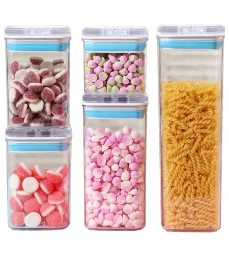 Cutii de Depozitare Alimente, Flippy, Set din 5 Cutii de tip Container, 1x0.5 l, 2x0.8 l, 1x1.2 l, 1x1.9 l, Recipiente pentru Cereale in Bucatarie,  Transparente cu Capac Albastru-Alb