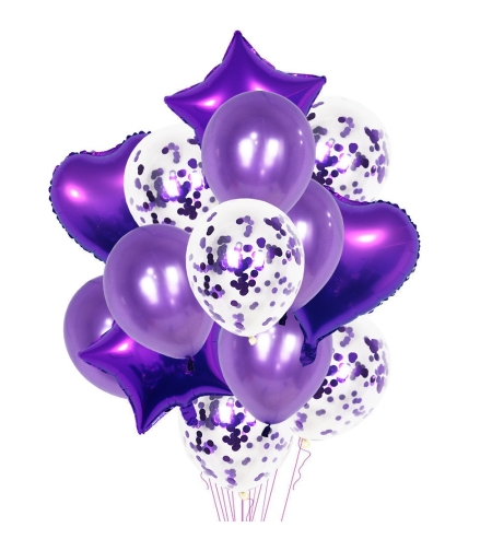 Set 14 Baloane din Folie Metalizată si din Latex, Flippy, Figurine Stea si Inima 45 cm, Baloane Latex 30 cm, Tema Buchet, Ambalaj Individual, Pai Inclus, Umflare cu Aer sau Heliu, Mov