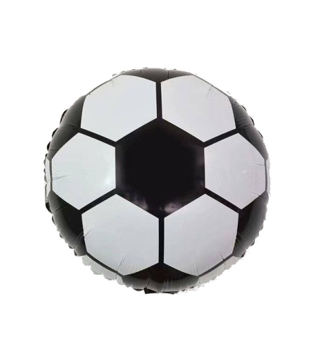 Balon din Folie Metalizata, Flippy, Figurina Cerc, Model Minge de Fotbal, Tematica Sport, 45 cm, Ambalaj Individual, Pai Inclus, Umflare cu Aer sau Heliu, Alb-Negru