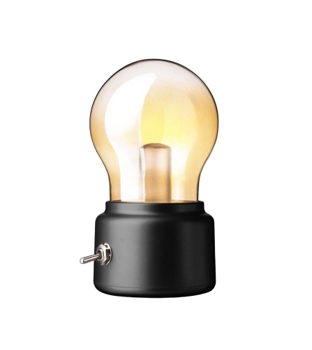 Lampa LED Decorativa sub forma de Bulb, Retro pentru interior, Negru/ Transparent, 5 V, 500 mA, ABS, Lumina Calda, Incarcare USB, Autonimie 12 Ore, Comutator Metalic, Flippy, 11x7x6 cm
