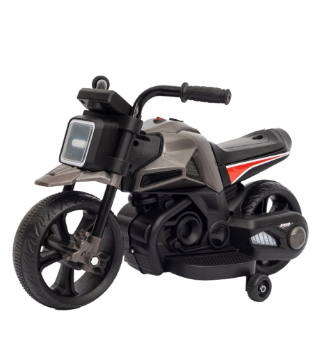 Motocicleta Electrica cu 2 Roti Mari si 2 Roti Ajutatoare, Flippy, Acumulator Incarcare, Anti-Rasturnare, Lumini, Muzica, Motor:380, Baterie 6V4.5, 41.5x70x34 cm, 4.5 Kg, 3 Ani+, Gri Negru