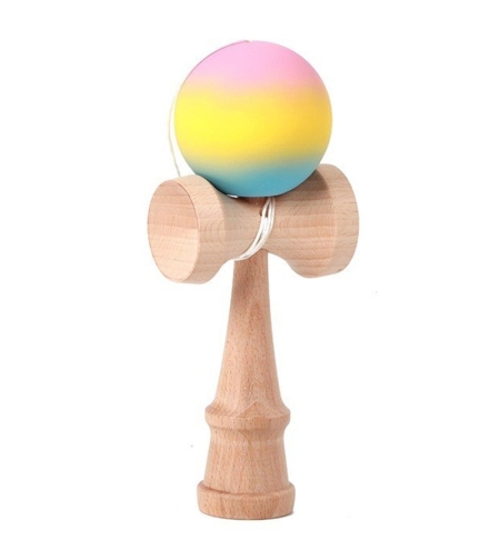 Jucarie Interactiva Kendama, Flippy, Kendama Original Super Sticky din Lemn, 18 cm, Joc de Indemanare pentru Copii si Adulti, Model Gradient Roz Galben Albastru