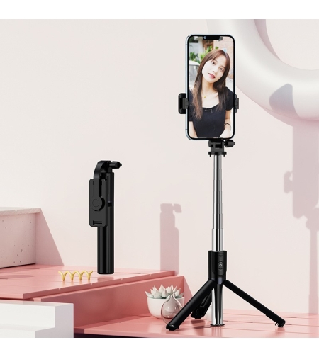 Trepied foto telescopic premium profesional Flippy Z14S , cadru multifunctional, telecomanda detasabila, pentru telefon/camera foto/gopro, functie selfie stick, ajustabil, pliabil, H33-140 cm, aluminiu, Negru