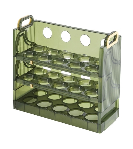 Suport Organizator pentru Oua, Flippy, pentru Frigider, Verde transparent, Capacitate 30 oua, Trei straturi, cu Data de Expirare, 25.5x10x23 cm