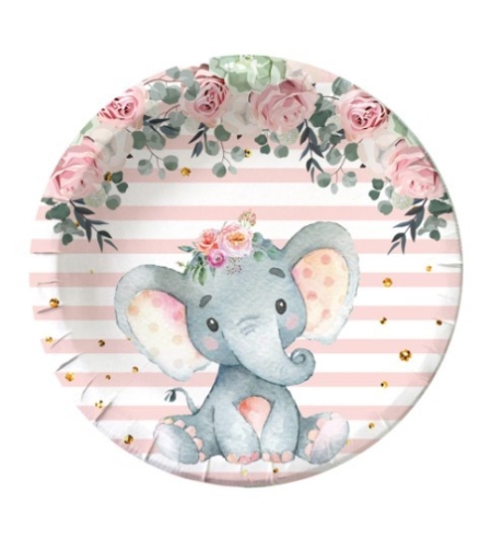 Set 10 Farfurii Unica Folosinta, Flippy, Imprimeu Elefant, din Carton, 22 cm, Roz