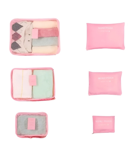 Set 6 Genți de Calatorie, Flippy, pentru Depozitare, Impermeabile, Organizator, Multifuncționale, Design cu Plasa, Pliabile, Fermoar, Dimensiuni Diferite, Roz