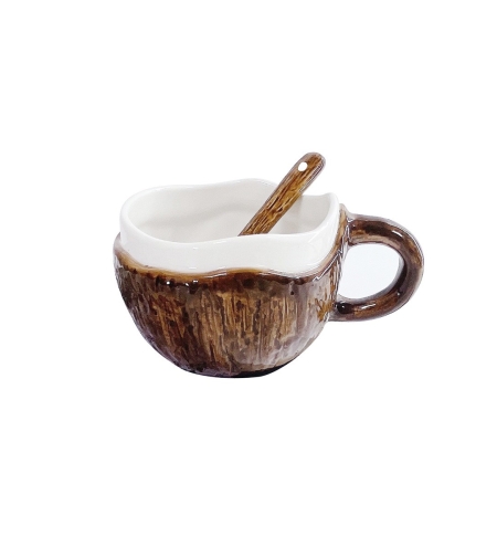 Cana din Ceramica, Flippy, 201-300 ml, cu Lingurita, Model Nuca de Cocos, Maro