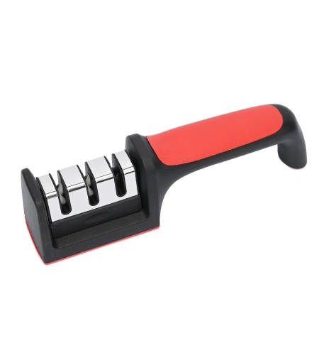 Dispozitiv pentru ascutit cutite Flippy, cu 3 pozitii, rosu/negru, material inox si ABS, 21.5x5x6 cm