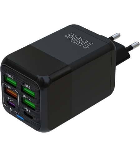 Incarcator Multifunctional, Flippy®, 6 Porturi (2 x PD Type C + 4 USB), 150 W, 5V, 2.4A, Incarcare Rapida, 4.4 x 4.4 x 11 cm, Negru