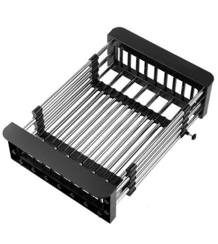 Suport Scurgere Extensibil pentru Bucatarie, Flippy, Uscator Vase din Otel Inoxidabil, Suport Tacamuri si Pahare, Suport pentru Fructe si Legume, 29 x 22 x 9.5 cm Negru