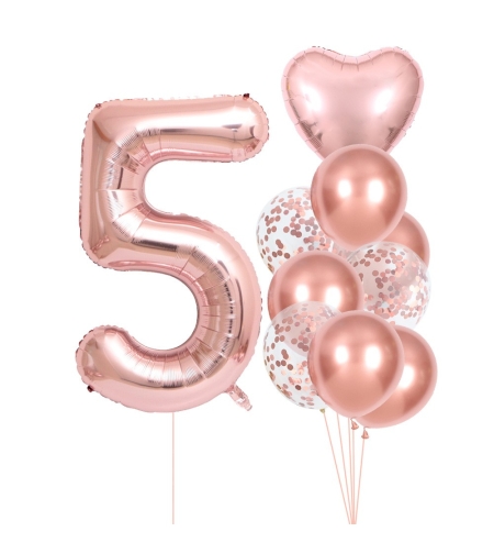 Set 10 Baloane Folie si Latex, Flippy, Tematica Aniversare, Baloane Latex 25cm, Figurina Inimioara 45 cm, Cifra 5 de 81 cm, Ambalaj Individual, Pai Inclus, Umflare cu Aer sau Heliu, Roz Pal