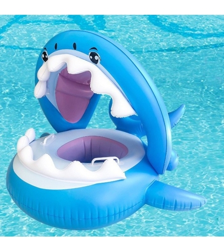 Colac de inot gonflabil pentru copii, Albastru, Model Rechin, 90 cm, Flippy