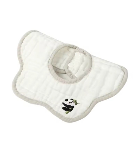 Baveta Tip Floare, Flippy, din Bumbac, pentru Copii 0-12 Luni, Rezistenta la apa, 8 Straturi, Model Tricotat cu Panda, 26 x 29 cm, Alb