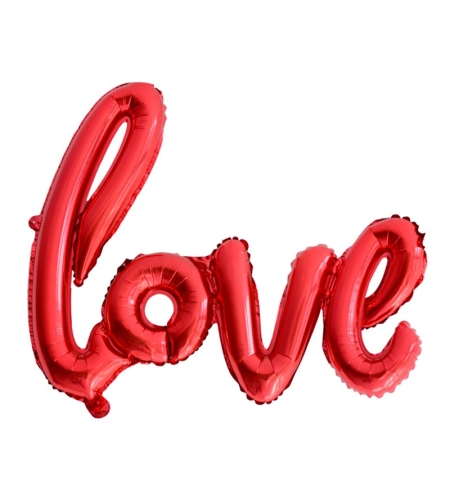 Set Baloane din Folie Metalizata, Model Love Scris de Mana, 102x65 cm, Baloane Ziua Indragostitilor, Ambalaj Individual, Pai inclus, Umflare cu Aer sau Heliu, Roșu