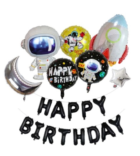 Set baloane aniversare 8 piese, Flippy, tematica HAPPY BIRTHDAY, Figurine Astronaut Racheta, 1 luna, 1 stea, 3 baloane folie, Multicolor