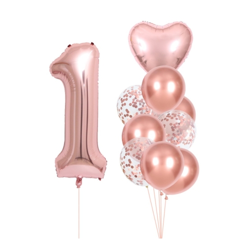 Set 10 Baloane Folie si Latex, Flippy, Tematica Aniversare, Baloane Latex 25cm, Figurina Inimioara 45 cm, Cifra 1 de 81 cm, Ambalaj Individual, Pai Inclus, Umflare cu Aer sau Heliu, Roz Pal