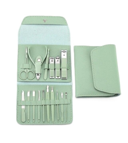 Set 16 Piese de Ingrijire Cosmetica, Flippy, pentru Manichiura, Pedichiura, Fata, Geanta Organizatoare din Piele Ecologica Inclusa, Verde