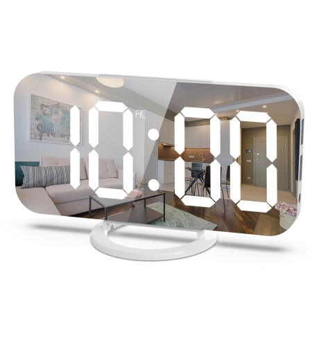 Ceas digital cu LED, Flippy, multifunctional, afisaj digital, alarma, 2 porturi USB de iesire, ecran tip oglinda, modern, 15.8 cm, alb