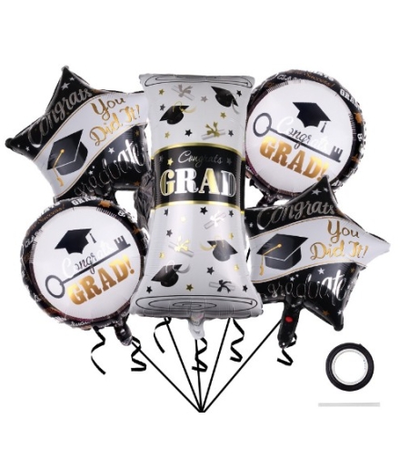 Baloane cu tematica Absolvire, Flippy, set din 5 baloane, 1 Figurina Diploma, 2 stele, 2 rotunde, din folie de aluminiu, 70 x 40 cm, Aer si Heliu, Alb Negru