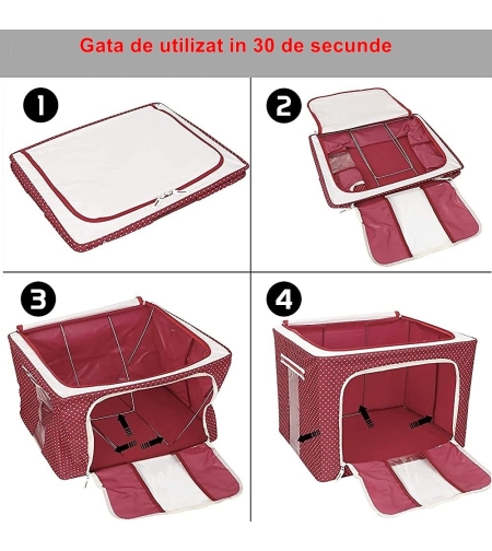Cutie de Depozitare Pliabila, Flippy, cu Fermoar, 100 L, Textil, 60x42x40 cm, O Fereastra, Cadru Metalic, Suport Baza Stabil din Plastic, imprimeu punctat, Rosu