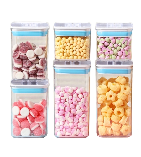 Cutii de Depozitare Alimente, Flippy, Set din 6 Cutii de tip Container, 2x0.5 l, 2x0.8 l, 2x1.2 l, Recipiente pentru Cereale in Bucatarie,  Transparente cu Capac Albastru-Alb