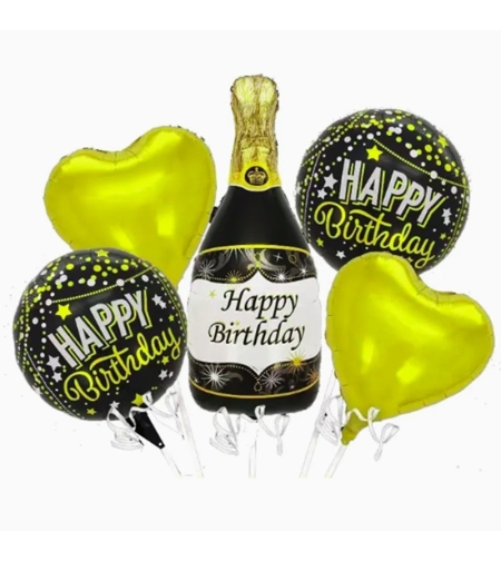 Baloane pentru aniversare, Flippy, tematica Happy Birthday, set 5 baloane, 1 Sticla Sampanie 103 x 94 cm, 2 inimi, 2 rotunde, din folie de aluminiu, pai de carton inclus, Negru Auriu