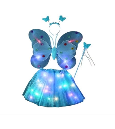 Costum Fluturas cu Aripi Modelabile Luminoase pentru Copii, Flippy, Fusta din Tul cu Lumini, Bagheta si Bentita, 4 piese, Pentru Halloween, Roleplay, Craciun, Carnaval, Paste, Ziua Copilului, Bumbac/Poliester, Marime universala, Albastru