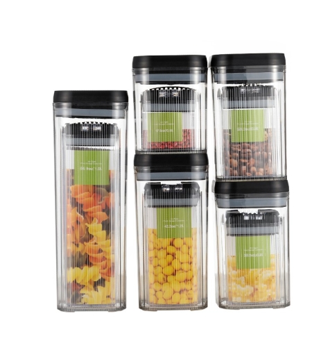 Cutii de Depozitare Alimente, Flippy, Set din 10 Cutii de tip Container, Recipiente pentru Cereale in Bucatarie,  Transparente cu Capac Negru