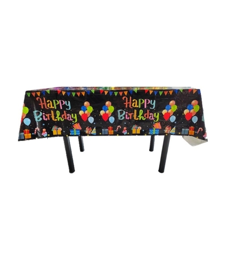 Fata de Masa, Flippy, din Folie, Imprimeu Happy Birthday cu Baloane, 137 x 183 cm, Negru