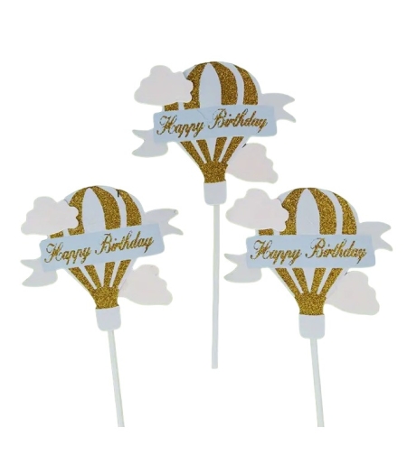 Set 3 Toppere pentru Tort, Flippy, Model Balon cu Aer Cald Happy Birthday, Tematica Aniversare, Albastru