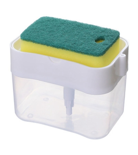 Dozator Flippy, Dispenser 2 in 1 pentru Detergent Lichid de Vase sau pentru Obiecte Sanitare cu Suport pentru Burete de Bucatarie ,14 x 10.5 x 10 cm, capacitate 380 ml, alb
