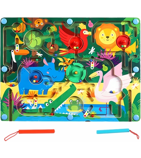 Joc Montessori de Sortare Culori, Flippy, Creion Magnetic, Tip Labirint Ilustrat, din Lemn, Model Animale Salbatice, 39x29x1.5 cm