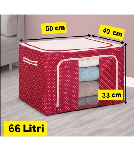 Cutie de Depozitare Pliabila, Flippy, 66 L, din Tesatura Oxford, 50x40x33 cm, Fereastra Frontala, 2 Usi de Acces cu Fermoar Bidirectional, Cadru Metalic, Suport Baza Stabil din Plastic, Imprimeu Buline, Rosu