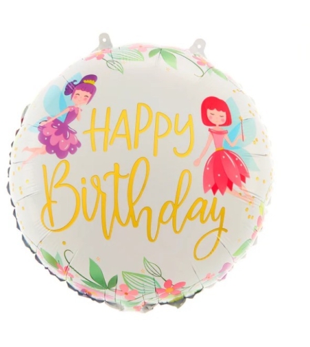 Balon din Folie Metalizata, Flippy, Figurina Cerc, Model Happy Birthday cu Zane, Tematica Aniversare, 45 cm, Ambalaj Individual, Pai Inclus, Umflare cu Aer sau Heliu, Multicolor