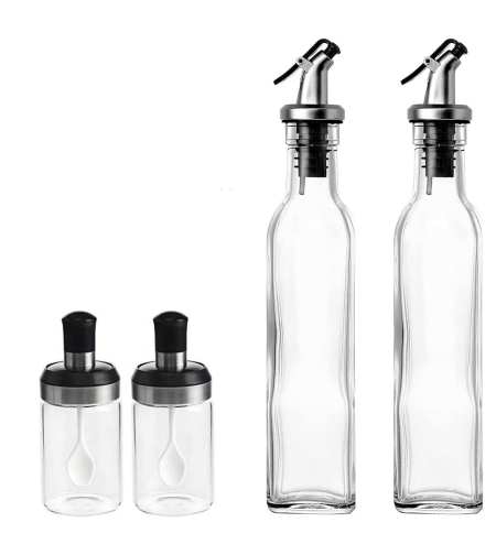 Sticle si Borcane de Ulei de Masline, Flippy, Dozator Set 4 Bucati, 2 Sticle cu Dispenser 500 ml/buc, 2 Borcane pentru Condimente cu Capac si Lingura 120ml/buc, Transparent